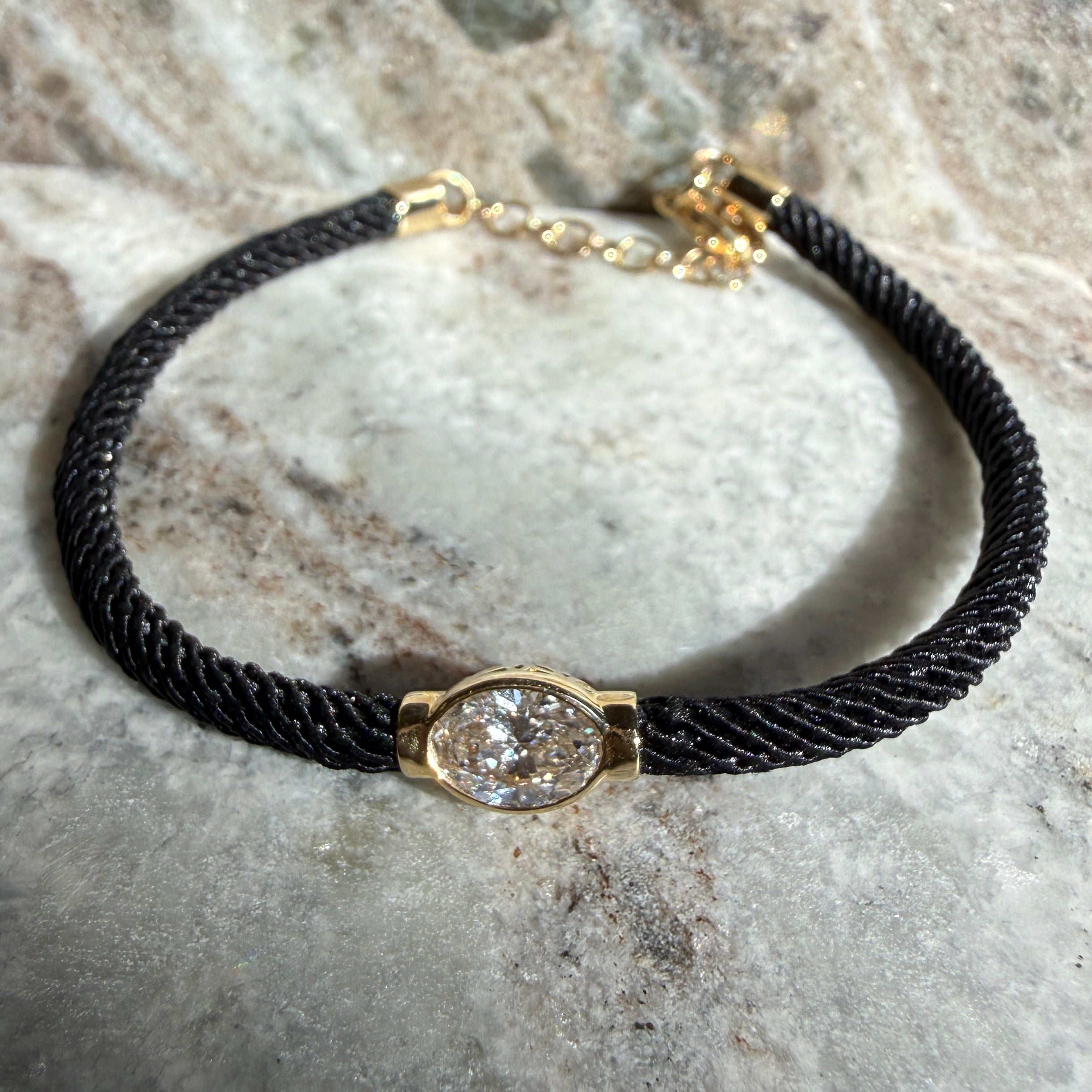 14k Yellow Gold Oval Diamond with Black Silk Chord Bracelet