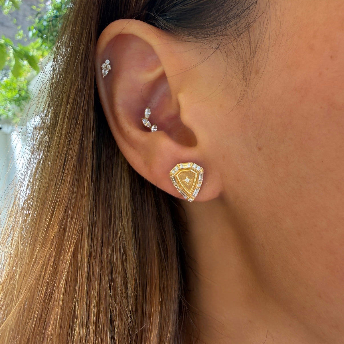 Sorellina Empress Diamond Shield Studs in 18k Yellow Gold