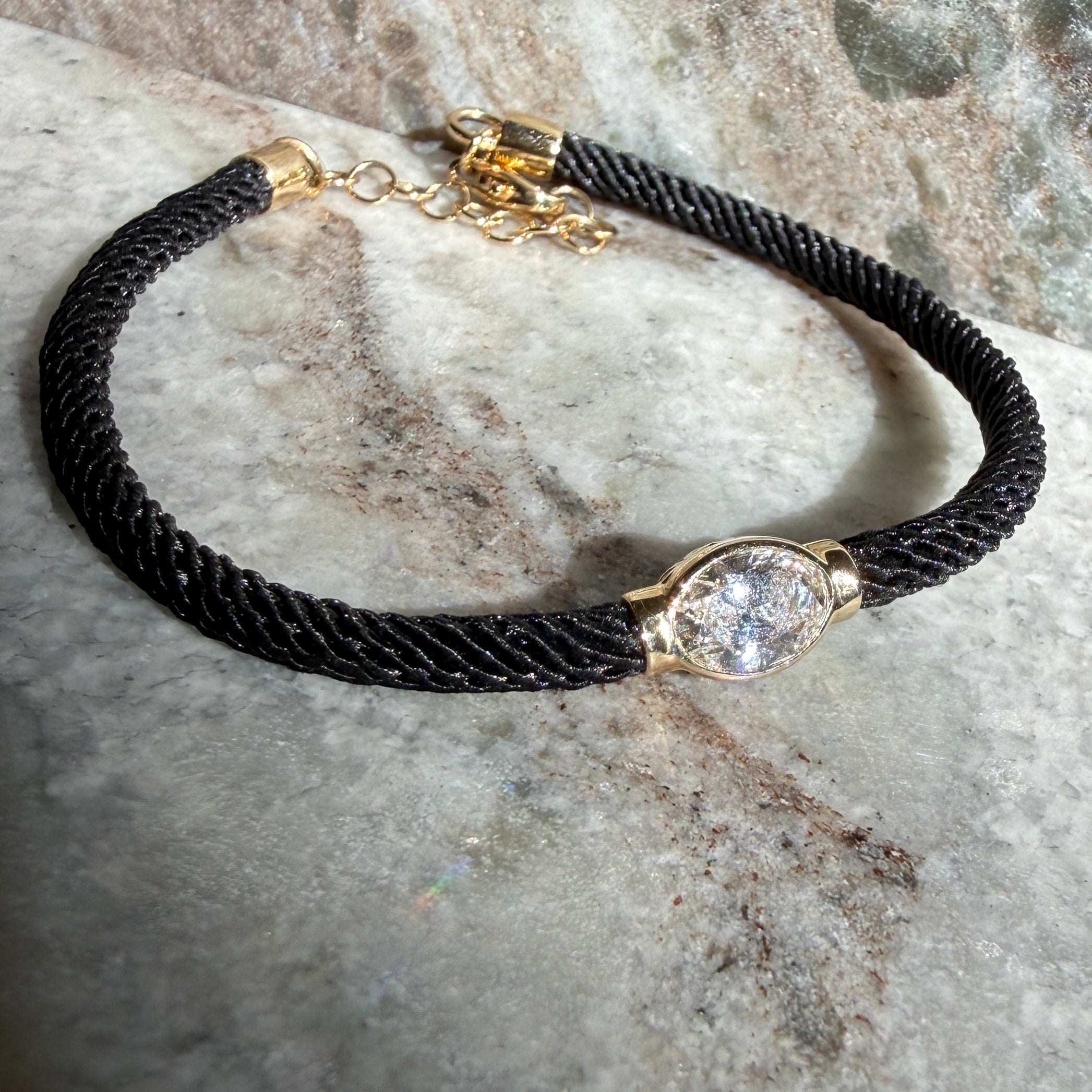 14k Yellow Gold Oval Diamond with Black Silk Chord Bracelet