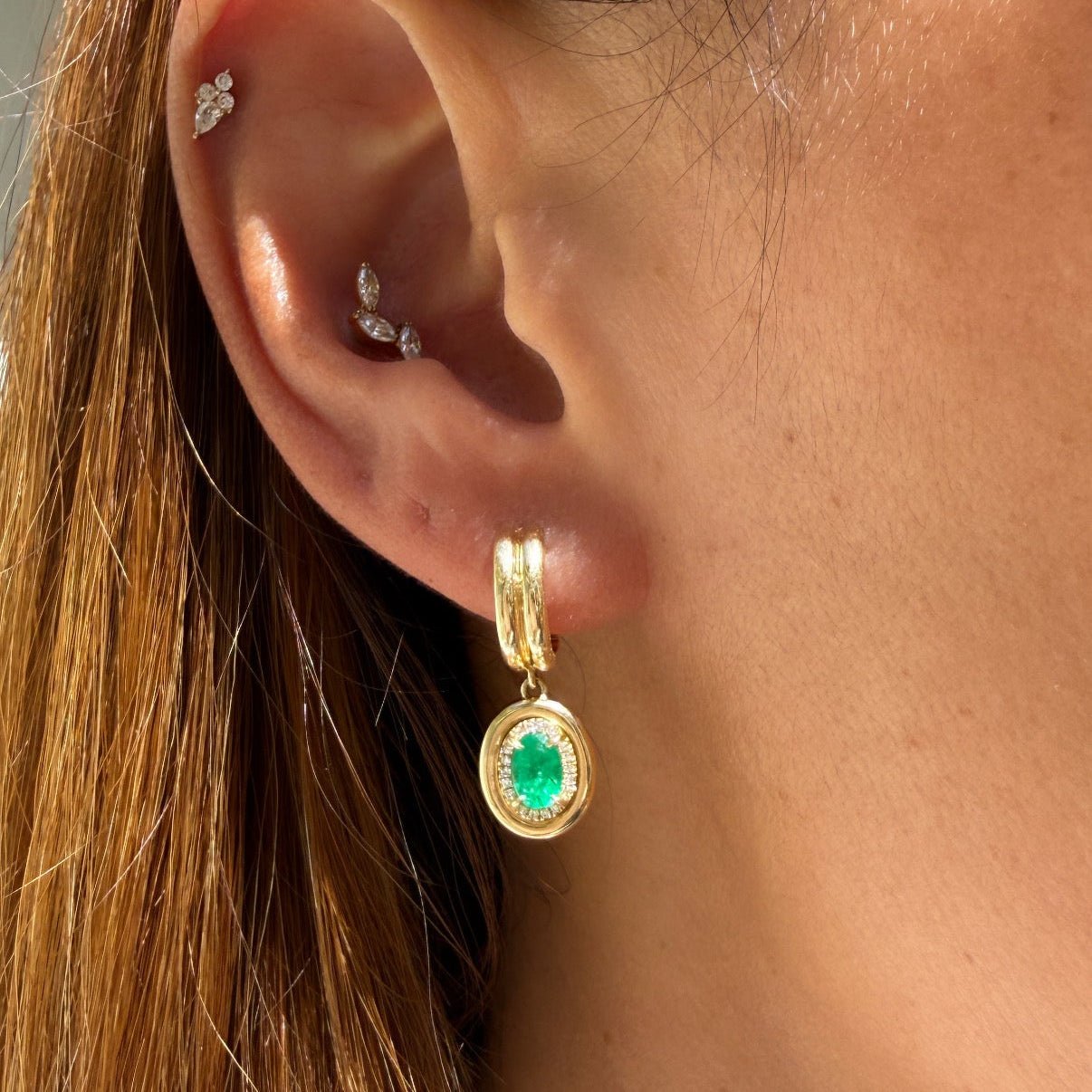 14k Yellow Gold Oval Emerald & Diamond Halo Double Huggie Earrings
