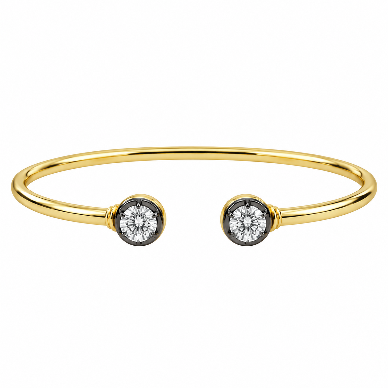 14k Yellow Gold Flexible Diamond Cuff Bangle with Black Rhodium Bezels