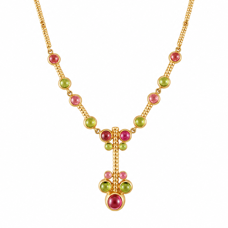 14k Italian Yellow Gold Pink & Green Tourmaline Cabochon Necklace