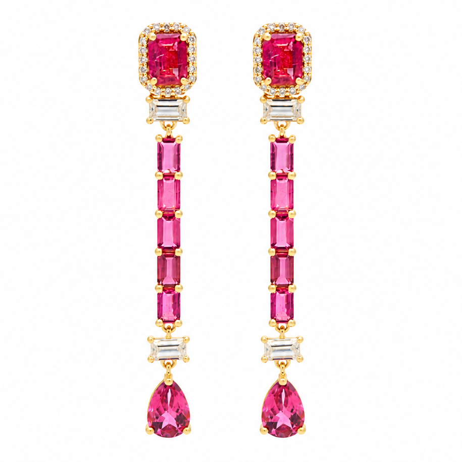 14k Yellow Gold Pink Tourmaline & Diamond Drop Earrings