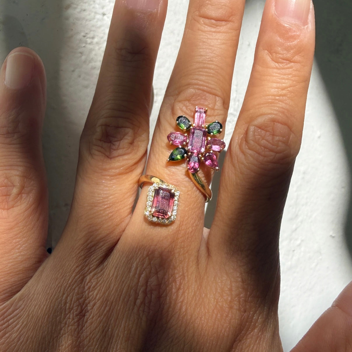 14k Yellow Gold Floral Cluster Tourmaline & Diamond Wrap Ring
