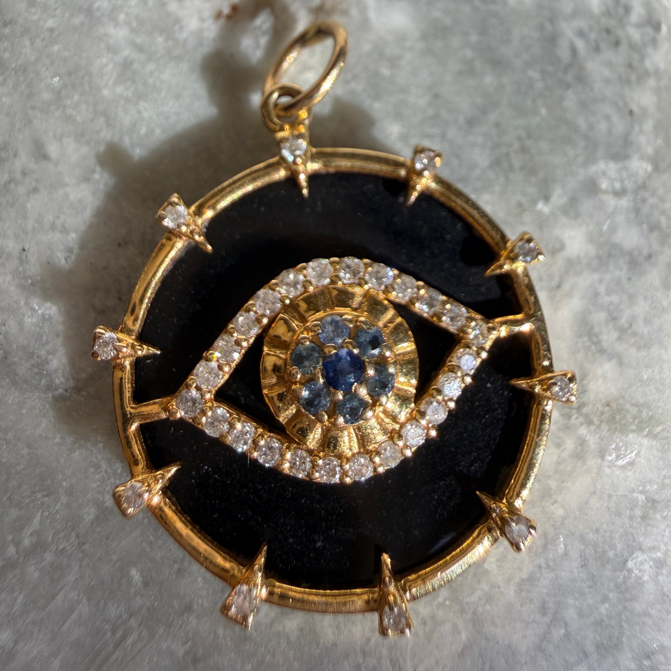 14k Yellow Gold Onyx Evil Eye Diamond & Sapphire Charm