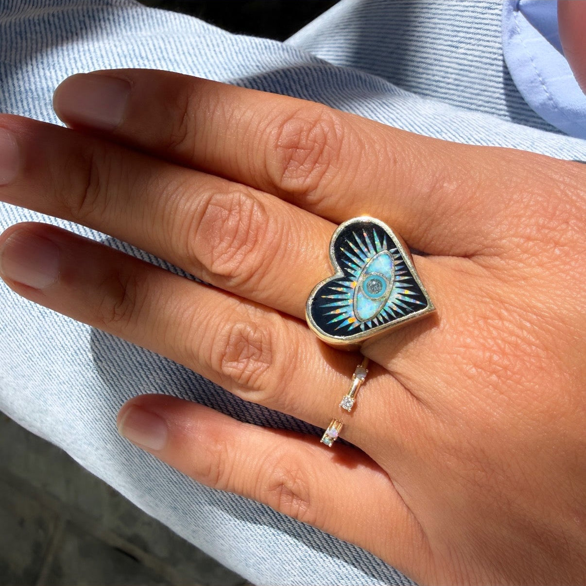 Jacquie Aiche 14k Yellow Gold Onyx Opal Turquoise Eye Burst Heart Ring