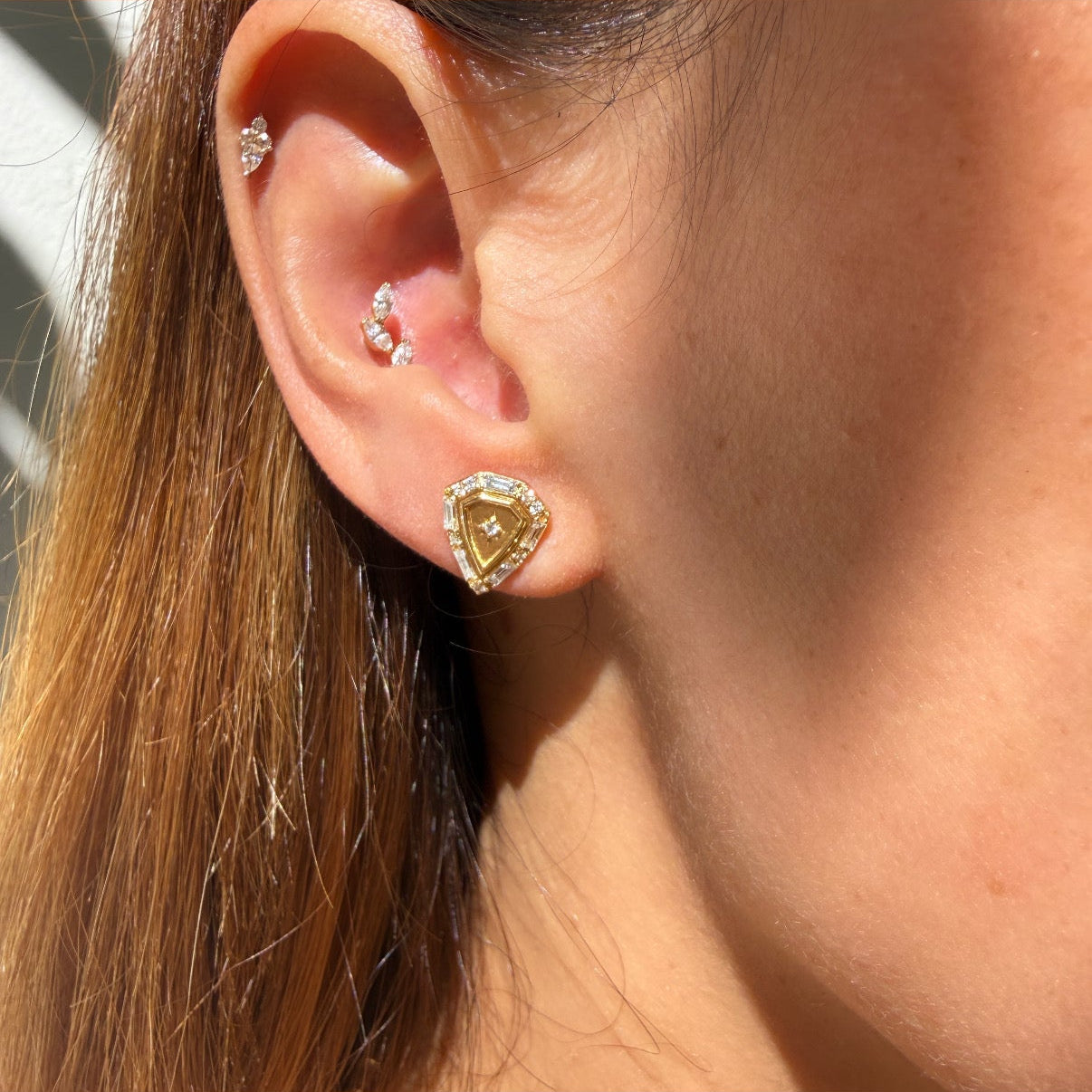 Sorellina Empress Diamond Shield Studs in 18k Yellow Gold