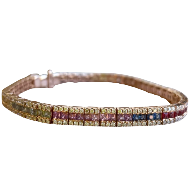 14k Rose Gold Rainbow Sapphire and Diamond Tennis Bracelet