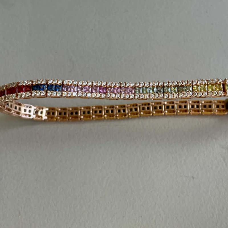 14k Rose Gold Rainbow Sapphire and Diamond Tennis Bracelet