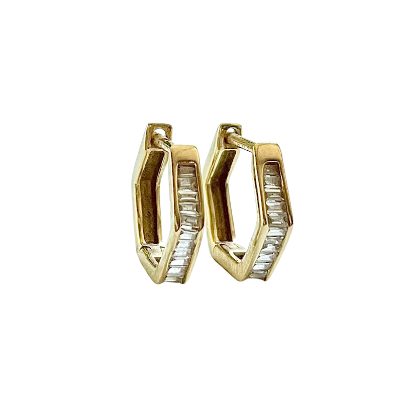 18k Yellow Gold Baguette Diamond Hexagon Huggie