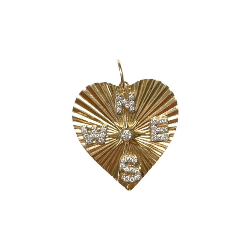 14k Yellow Gold Diamond Compass Fluted Heart Charm