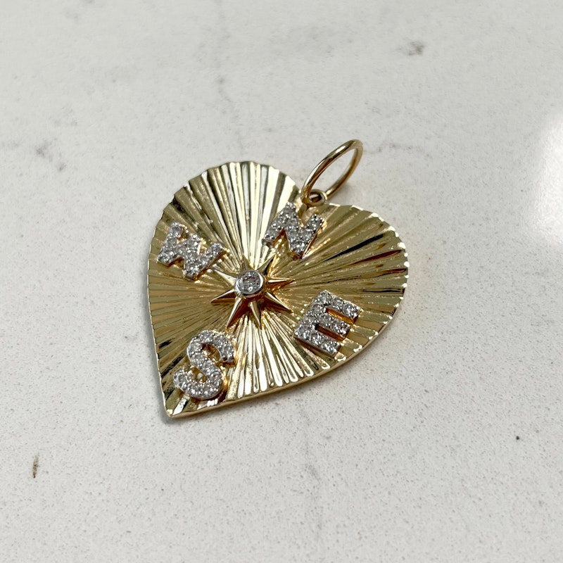 14k Yellow Gold Diamond Compass Fluted Heart Charm