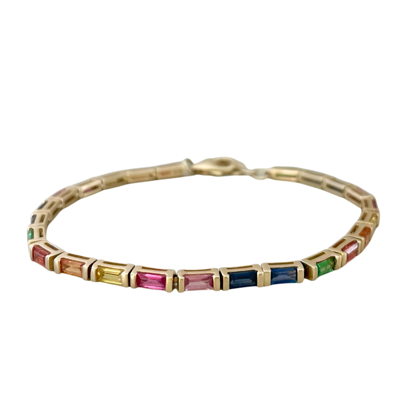 14k Yellow Gold Rainbow Sapphire Baguette Tennis Bracelet