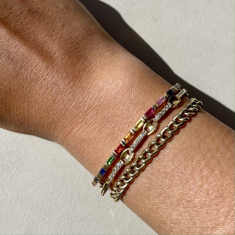 14k Yellow Gold Rainbow Sapphire Baguette Tennis Bracelet