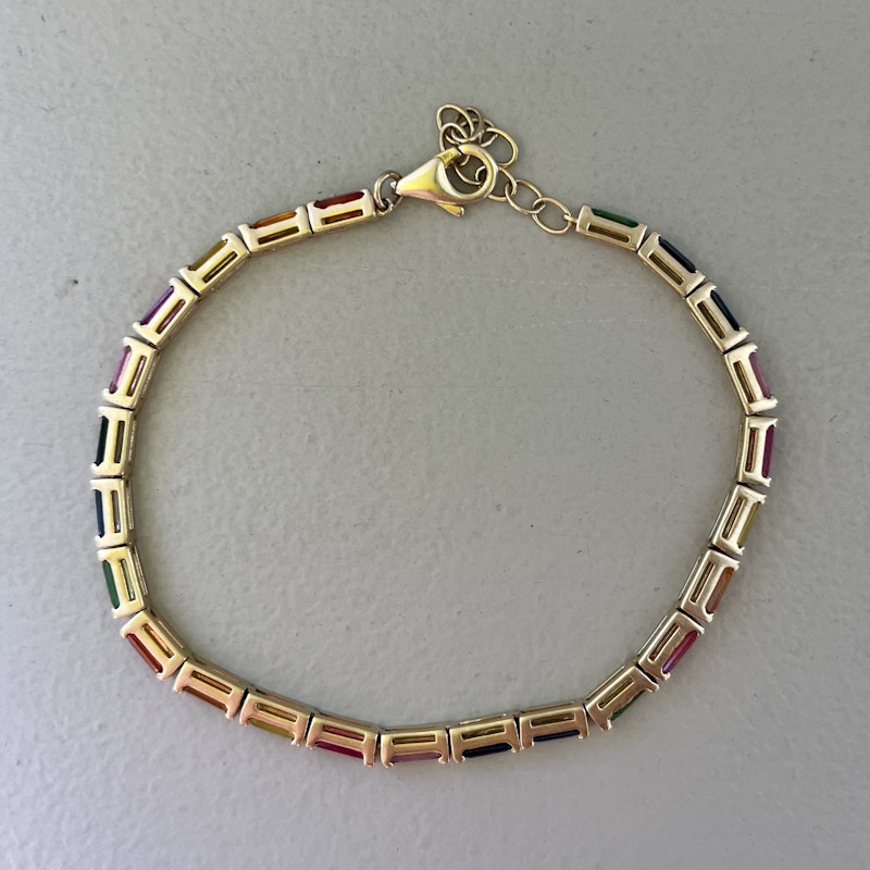 14k Yellow Gold Rainbow Sapphire Baguette Tennis Bracelet