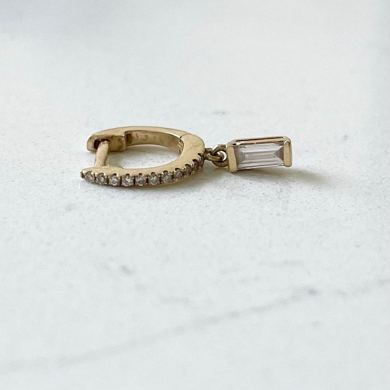 14k Yellow Gold Baguette Diamond Drop Huggie