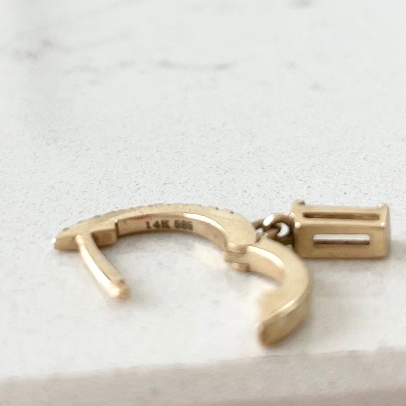 14k Yellow Gold Baguette Diamond Drop Huggie