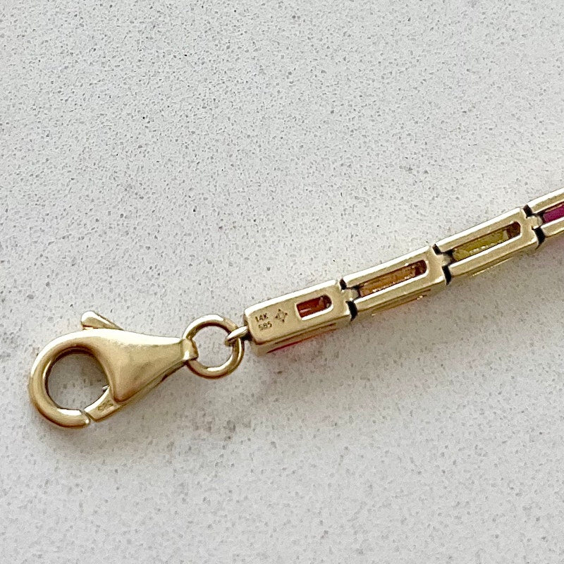 14k Yellow Gold Rainbow Sapphire Baguette Tennis Bracelet