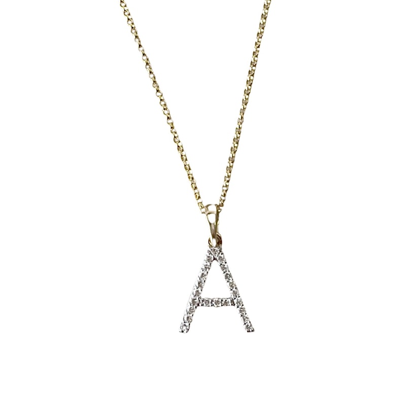 14k Yellow Gold and Diamond "A" Initial Pendant Necklace
