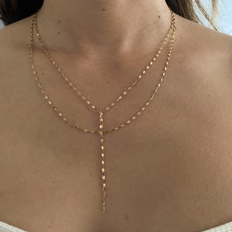 14k Yellow Gold Double Strand Mirror Link Chain Y Lariat Necklace