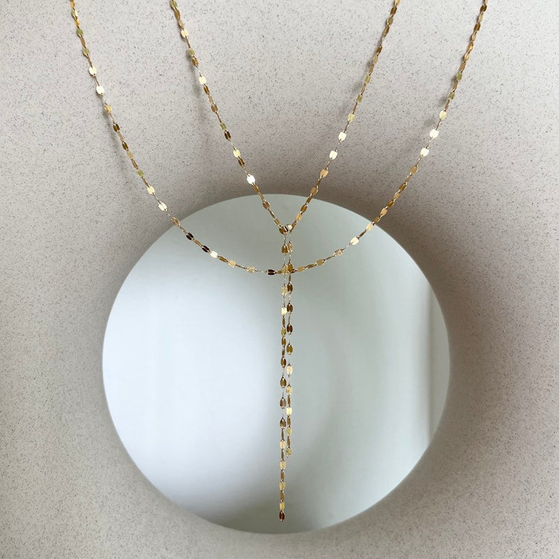 14k Yellow Gold Double Strand Mirror Link Chain Y Lariat Necklace