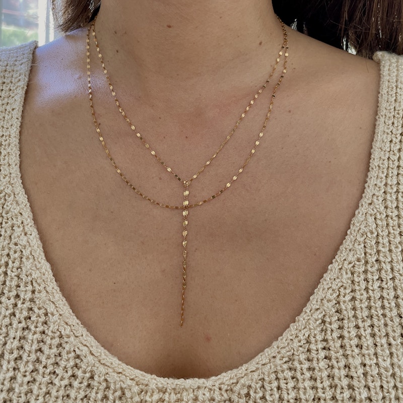 14k Yellow Gold Double Strand Mirror Link Chain Y Lariat Necklace