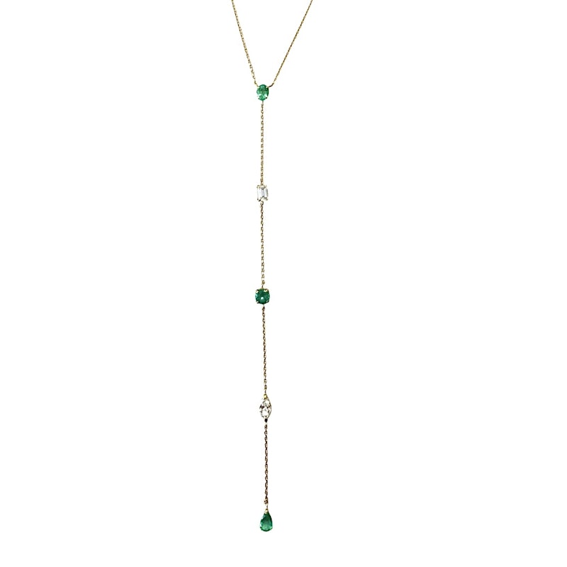 18k Yellow Gold Diamond and Emerald Lariat Necklace