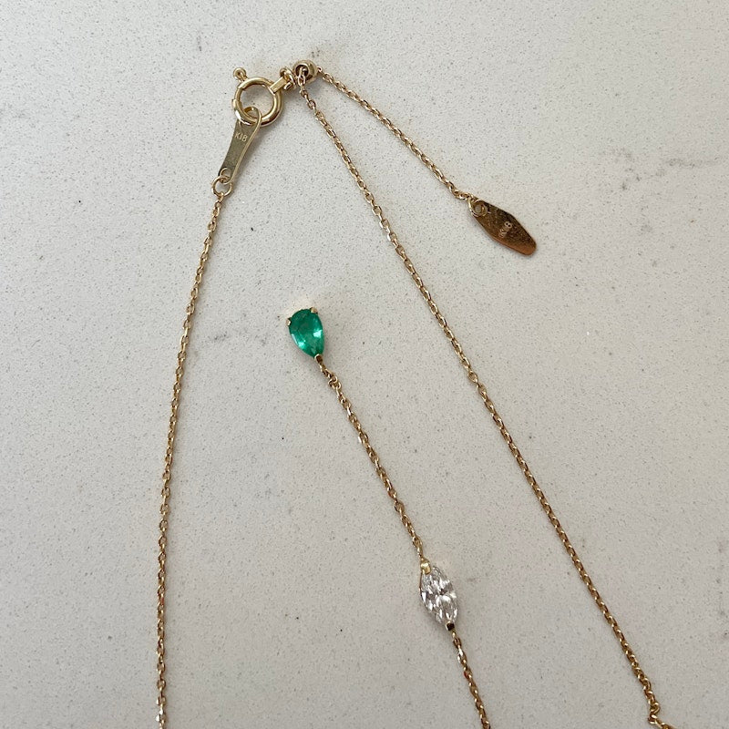 18k Yellow Gold Diamond and Emerald Lariat Necklace
