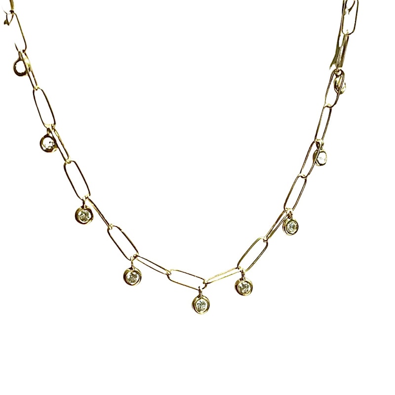 18k Yellow Gold and Diamond Bezel Shaker Paperclip Necklace