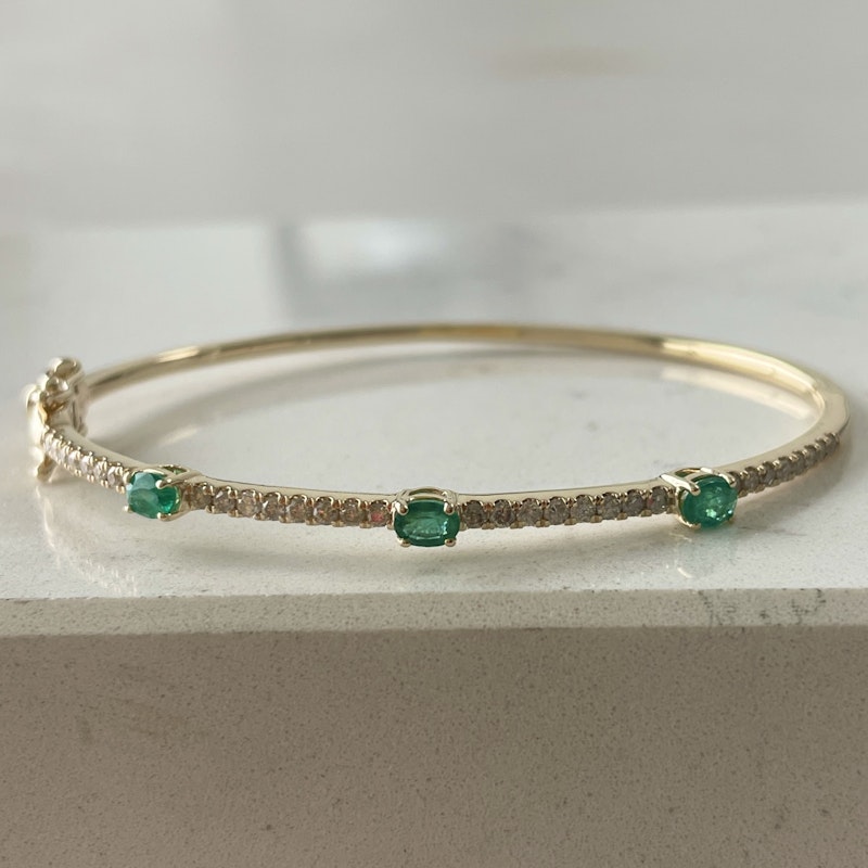 14k Yellow Gold Emerald and Diamond Bangle Bracelet