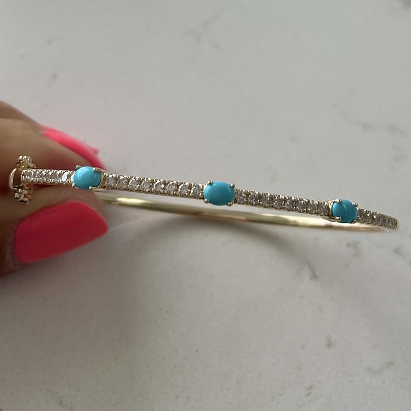 14k Yellow Gold Turquoise and Diamond Bangle Bracelet