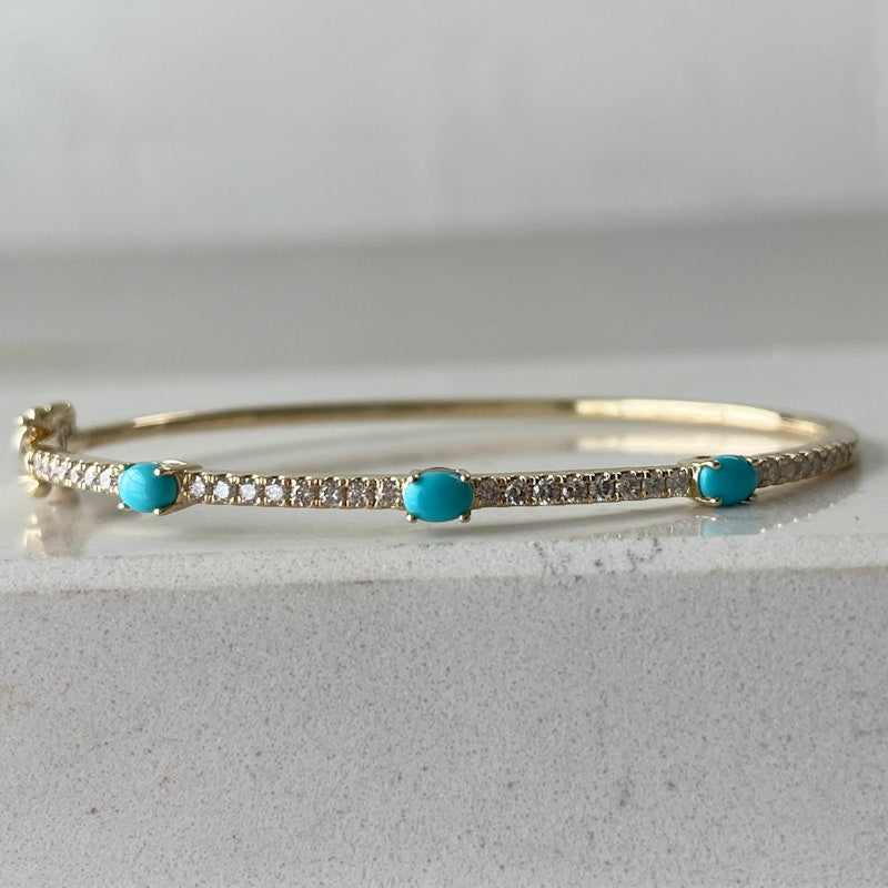 14k Yellow Gold Turquoise and Diamond Bangle Bracelet