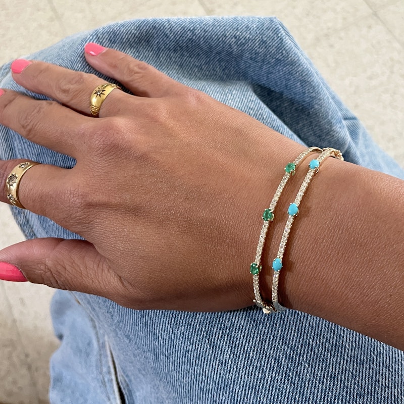 14k Yellow Gold Turquoise and Diamond Bangle Bracelet
