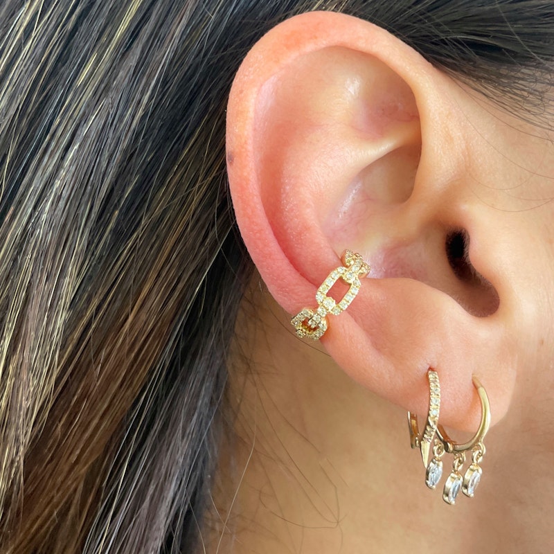 18k Yellow Gold and Diamond Link Chain Ear Cuff