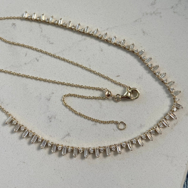 14k Yellow Gold Baguette & Round Diamond Fringe Necklace