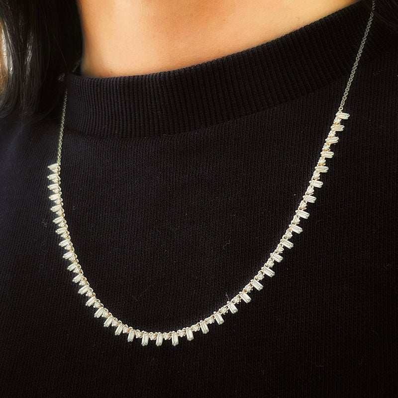14k Yellow Gold Baguette & Round Diamond Fringe Necklace