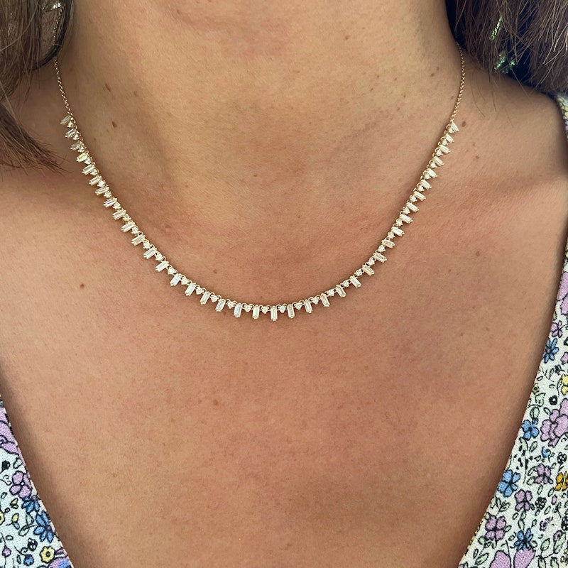 14k Yellow Gold Baguette & Round Diamond Fringe Necklace