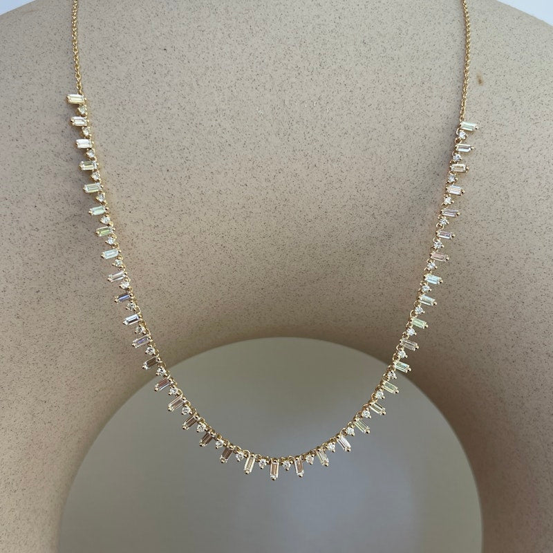 14k Yellow Gold Baguette & Round Diamond Fringe Necklace