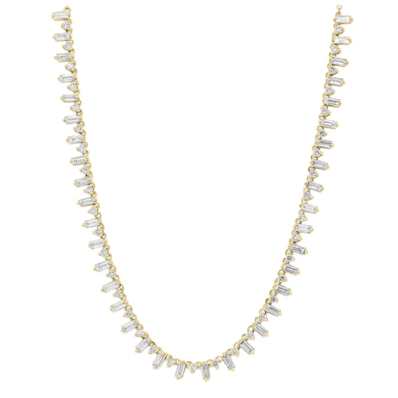 14k Yellow Gold Baguette & Round Diamond Fringe Necklace