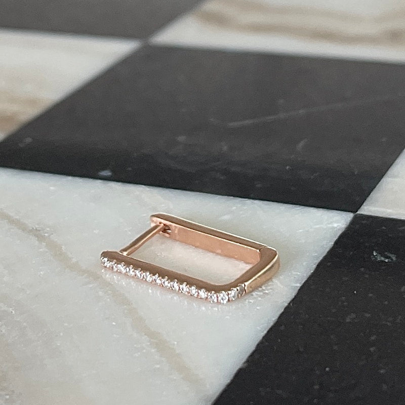 14k Rose Gold Rectangular Diamond Hoop Earring (single)