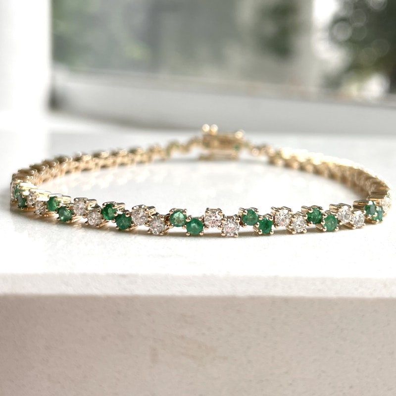 14k Yellow Gold Emerald and Diamond Tennis Bracelet