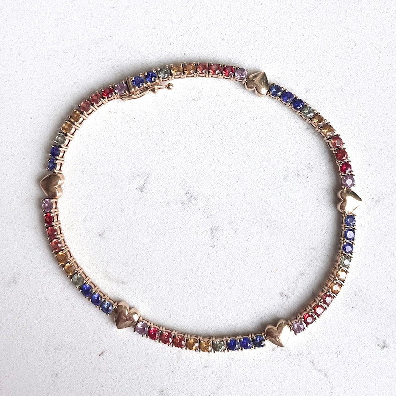 14k Yellow Gold Heart and Rainbow Sapphire Tennis Bracelet
