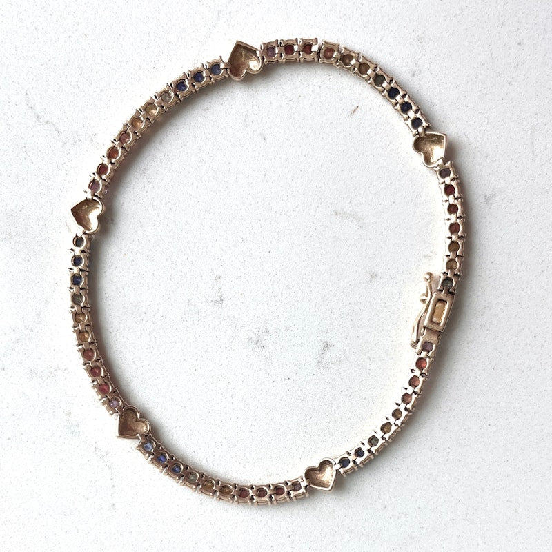14k Yellow Gold Heart and Rainbow Sapphire Tennis Bracelet