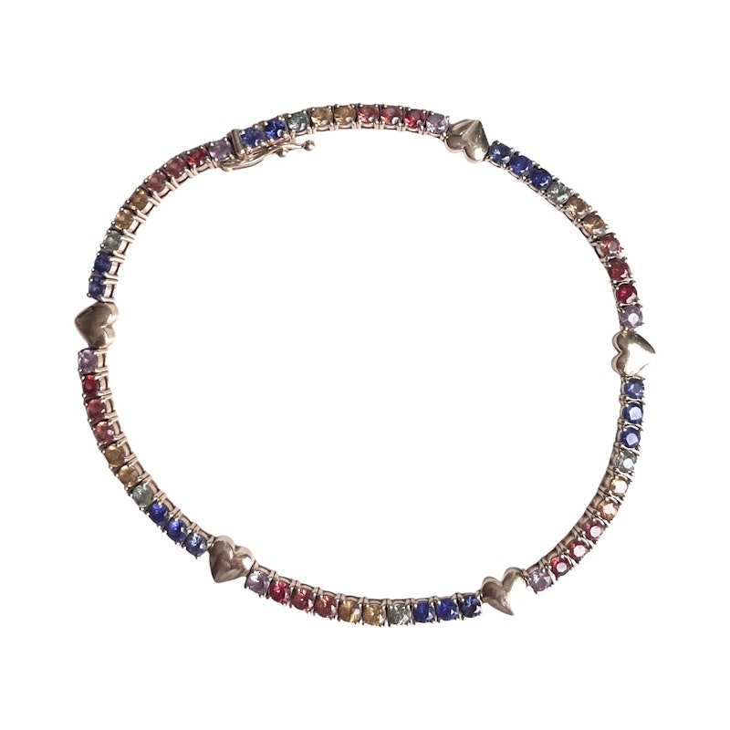 14k Yellow Gold Heart and Rainbow Sapphire Tennis Bracelet