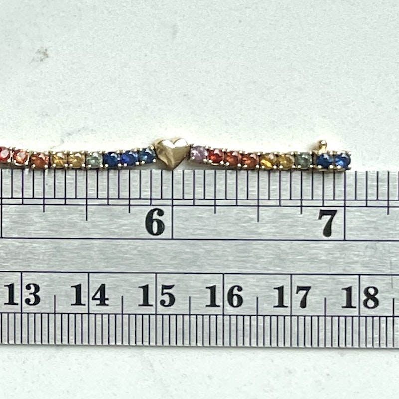 14k Yellow Gold Heart and Rainbow Sapphire Tennis Bracelet