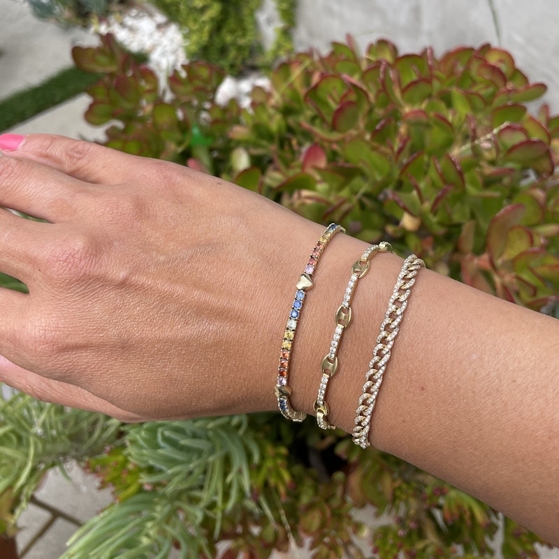 14k Yellow Gold Heart and Rainbow Sapphire Tennis Bracelet