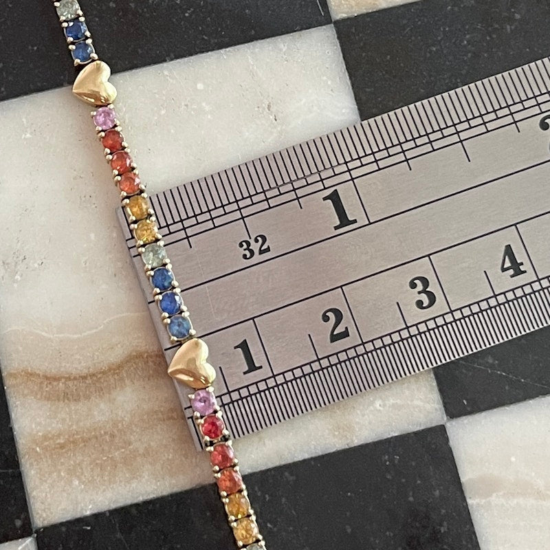14k Yellow Gold Heart and Rainbow Sapphire Tennis Bracelet