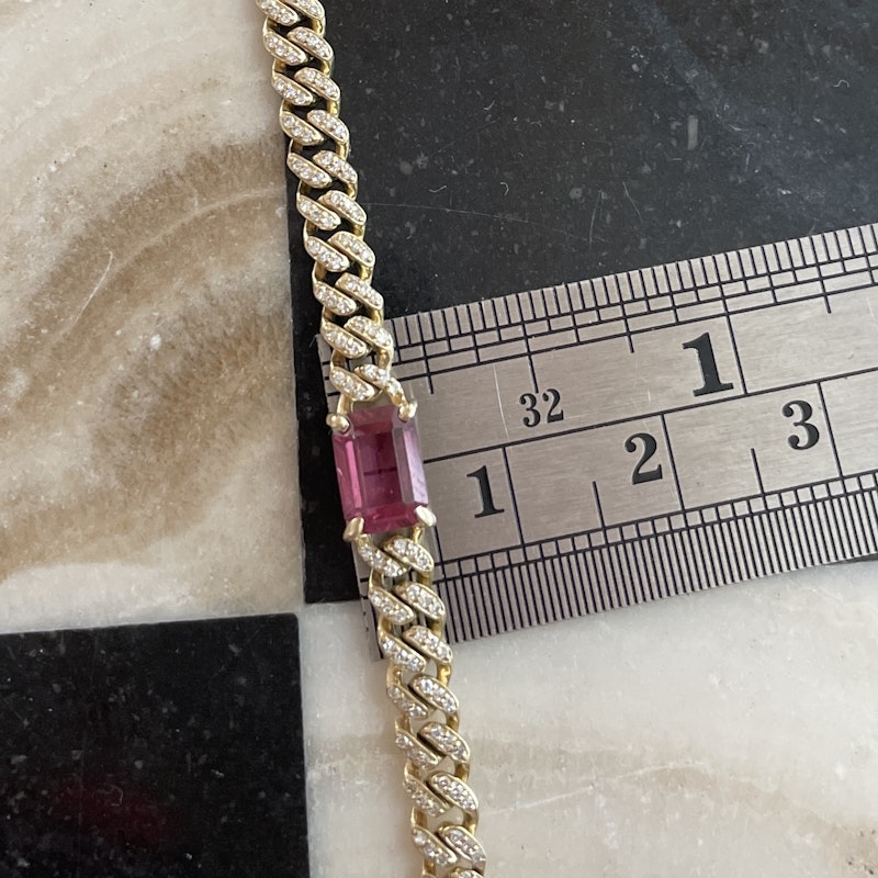 14k Yellow Gold Diamond and Pink Tourmaline Cuban Necklace