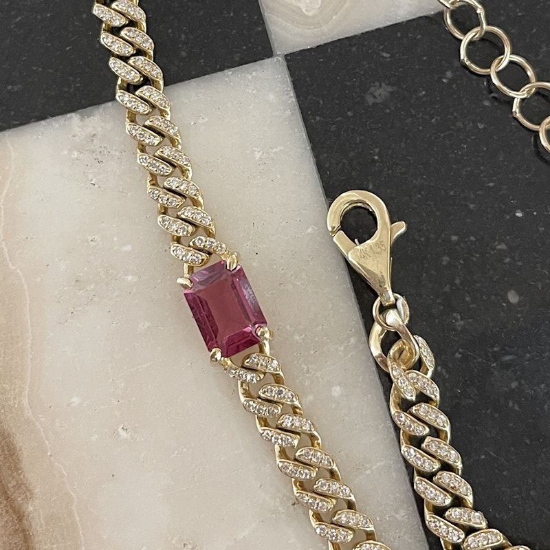 14k Yellow Gold Diamond and Pink Tourmaline Cuban Necklace