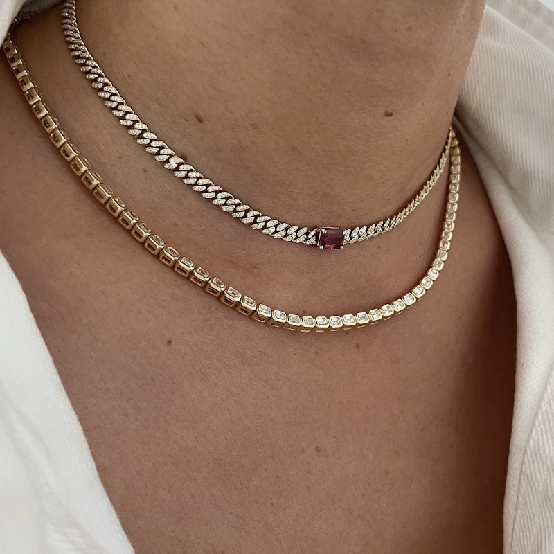 14k Yellow Gold Diamond and Pink Tourmaline Cuban Necklace